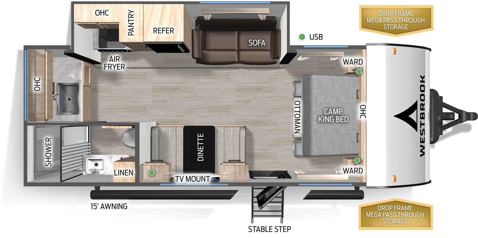 The Westbrook 21MLXC floorplan has one entry and one slide out. Exterior features include: fiberglass exterior and 15' awning. Interiors features include: front bedroom.
